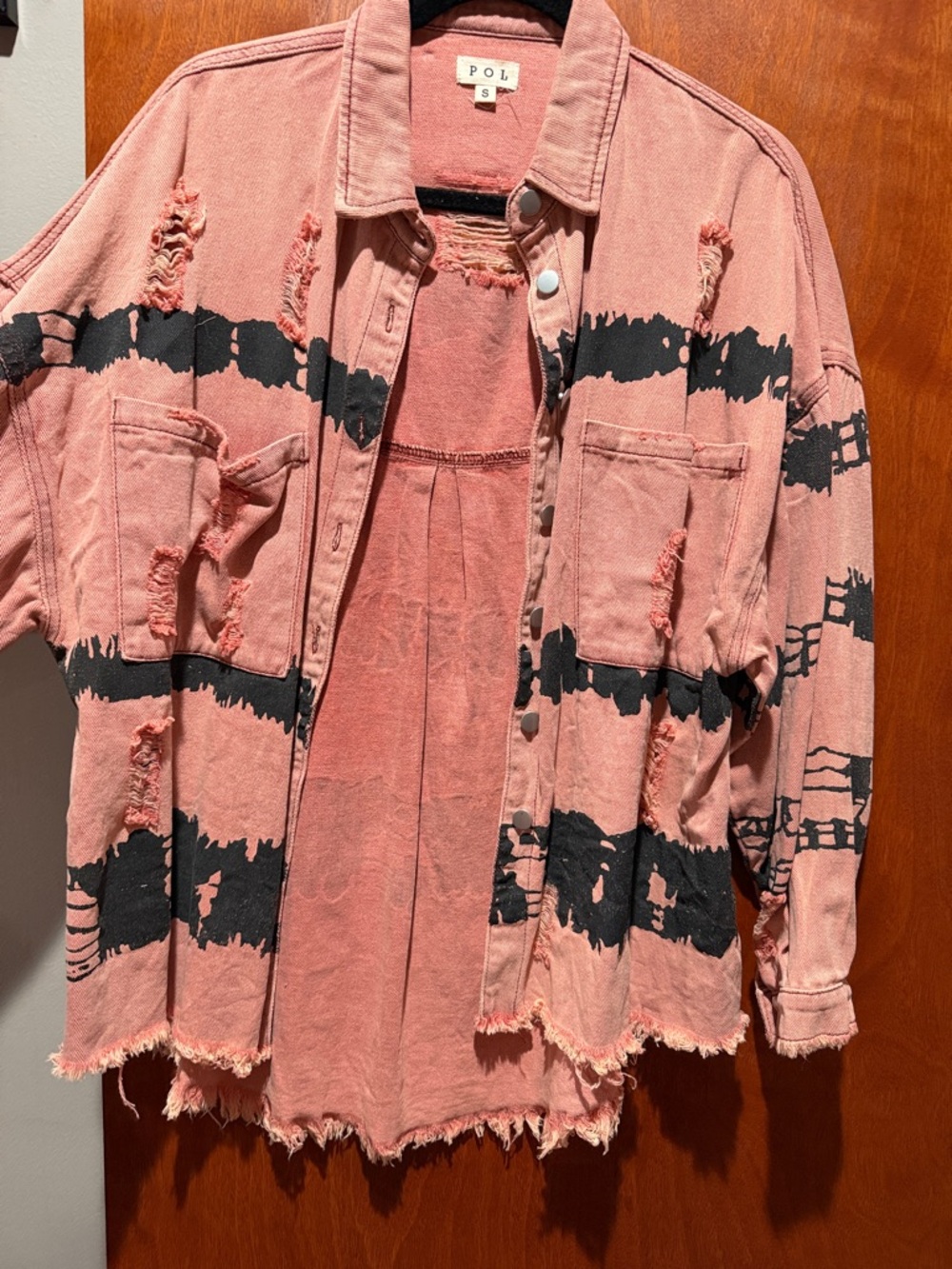 POL coral and black distressed tie-dye shacket